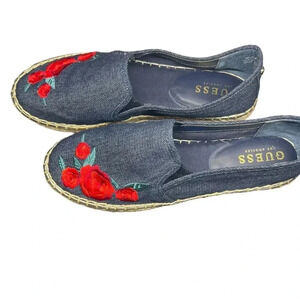 GUESS Denim Floral Roses Espadrille Gold Size 7.5 Womens Shoes Flats Slip On